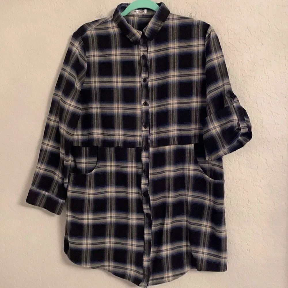 Hotouch Women’s Plaid Roll Up Long Sleeves Soft  Pockets Shirt Size XL